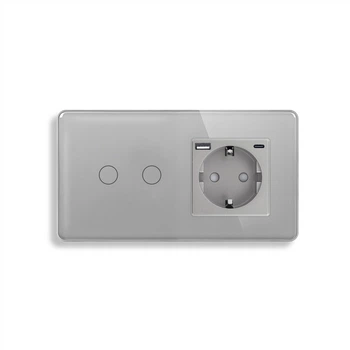 Сенсорный двойной проходной выключатель ELIOS с розеткой и USB A+C 20Вт, серый, стекло, сенсорный, заземление (246637489)
