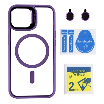 Противоударный Чехол TPU+PC+Metal Stand Case with MagSafe and Camera Lenses для iPhone 14 Plum