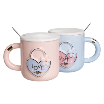 Парні чашки порцелянові з кришками та ложечками «Lovers' Lock» 2 шт 400 мл