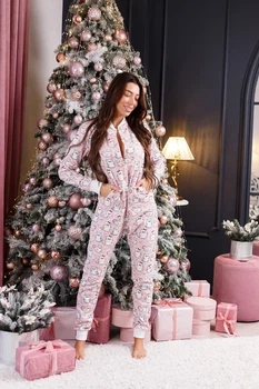 Женская пижама пожама SweetJama Frozy с карманом на попе и капюшоном М розовые коты