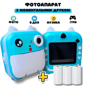 Детский фотоаппарат с мгновенной печатью снимков Котик Little Joys играми селфи и видео Голубой