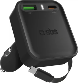 Ładowarka samochodowa SBS 65W USB-A USB-C z wbudowanym zwijanym kablem USB-C PD Black (TECRRETPD65W)