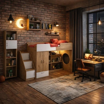 Дитяче ліжко-горище з шафою, сходами-комодом та стелажем Loft_Apartament колір білий дуб тахо 2728 × 834 × 1395 мм