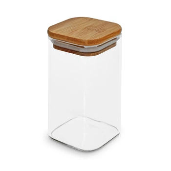 Банка для зберігання продуктів Cube R10908-10 скляна з бамбуковою кришкою 320 мл 6×10 см прозора