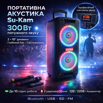 Портативная колонка акустическая система Su-Kam 1010 BT мощная 300W с 2 беспроводными микрофонами цветомузыкой Bluetooth USB FM радио аккумулятором большая на колесах для караоке праздников мероприятий