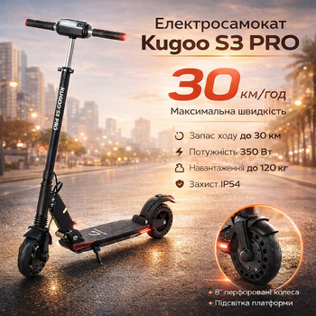 Электросамокат самокат электрический двухколесный Kugoo S3 PRO JILONG Черный городской складной до 120 кг скорость 30 км/ч с перфорированными литыми колесами амортизацией широкой декой телескопическим рулем рама алюминий IP54 для взрослых подростков