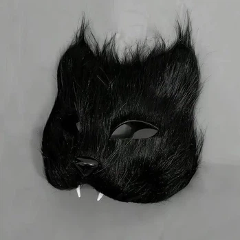 Хутряна пухнаста 3D маска кота лисиці для квадробіки котик косплей фуррі фурсьют фурри аніме квд чорна ікла