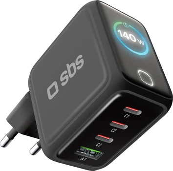 Ładowarka sieciowa SBS 140W GaN Charger 3xUSB-C 1xUSB-A TFT Colour Display Black (TETRGANTFT140WK)