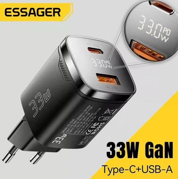 Мережевий зарядний пристрій Essager 33W GaN Dual Port Type-C + USB-A Швидка зарядка PD3.0+QC3.0 Цифровий дисплей ECT33W-GMB01-Z Black
