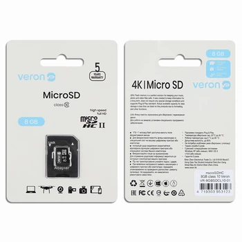 Карта памяти Veron microSDHC 8GB класс 10 для смартфонов фотоаппаратов быстрая запись данных с адаптером