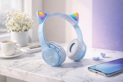 Безпровідні навушники з котячими вушками Cat Ear Y47 Led Bluetooth з мікрофоном блакитні 12 годин роботи без підсвітки
