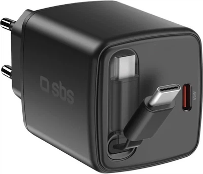 Ładowarka sieciowa SBS 45W GaN PD USB-C Retractable Cable Black (TETRRET45WK)