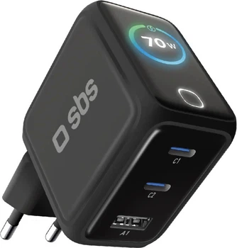 Мережевий зарядний пристрій SBS Smart Charger 70W PD 2xUSB-C 1xUSB-A TFT Display Black (TETRGANTFT70WK)