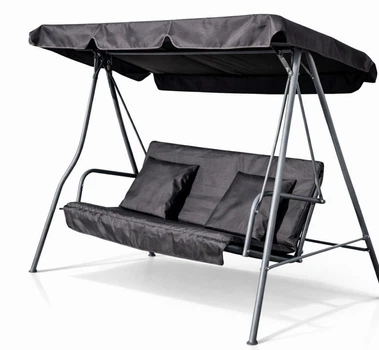 Садовая качель Comfort 3-местная с навесом и матрасом, с 2 подушками, черная, качели для дачи, сада и зоны отдыха