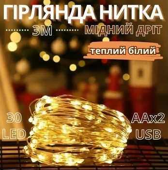 Гірлянда на батарейках AAx2 та USB 30LED 3 метри теплий білий мідний провід COPPER-WIRE-30WW-1 для декору