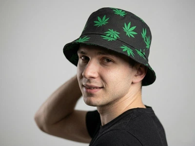 Панама з принтом Конопля (Cannabis) Чорна 100% бавовна (коттон), р. 59-60