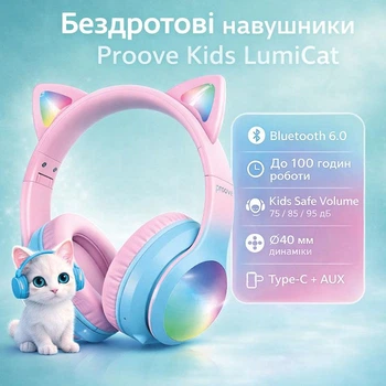 Наушники беспроводные детские Bluetooth c микрофоном Proove Kids LumiCat |BT6.0/AUX, 100H| Кошачьи ушки blue/pink