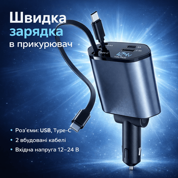 Автомобільна швидка зарядка від прикурювача RolloCar з висувними кабелями Type-C 2 шт., USB, Вольтметр