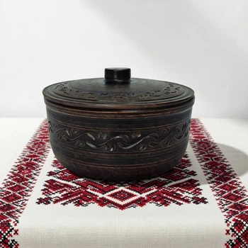 Супник с крышкой из красной глины без ручки 1.8 л Декор молоченная керамика Украинская глиняная посуда
