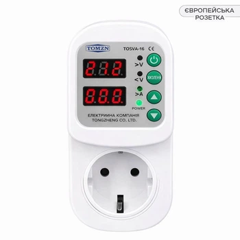 Реле напруги Tomzn TOSVA-16 16A 220V, розетковий захист від перенапруги та заниженої напруги, з дисплеєм