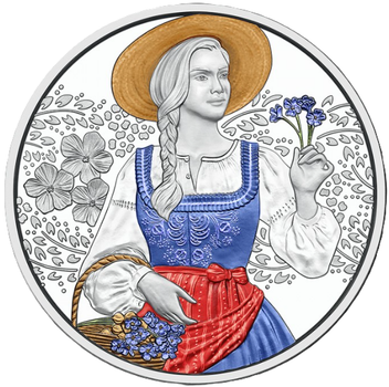 Срібна монета 10 євро Традиції та мода. Дірндль 16.82 грам Proof 925 проба 2025 року у футлярі. Кольорове покриття