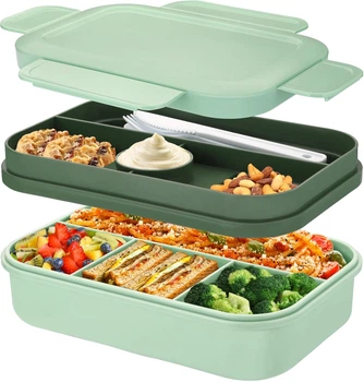 Большой ланч-бокс Bento Max 2000 мл: 2 яруса, 8 отсеков и столовые приборы, зеленый