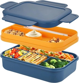 Большой ланч-бокс Bento Max 2000 мл: 2 яруса, 8 отсеков и столовые приборы, синий