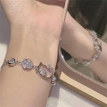 Браслет Hello Kitty серебристый со стразами в корейском стиле kawaii Y2K Sanrio boho Streetwear Preppy