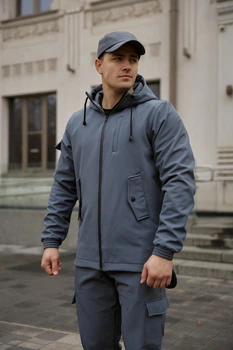 Мужская куртка Intruder Softshell удлиненная с защитой горла водоотталкивающая с капюшоном и с 4 карманами серая/S