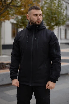 Мужская куртка Intruder Reef Softshell на микрофлисе с шевроном демисезонная с 10 карманами и капюшоном чёрная/3XL