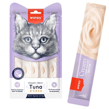 Жидкое лакомство Wanpy Creamy Lickable Treats Tuna & Crab для кошек, с тунцем и крабом (5 стиков по 14 г) (6927749871200)
