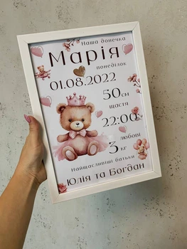 Дитяча метрика постер для новонароджених А4 у рамці