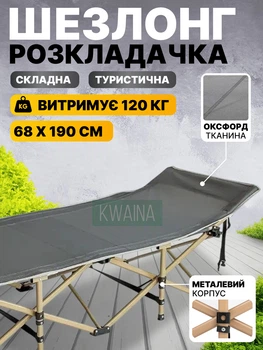 Шезлонг садовий пляжний розкладний 68х190, туристична розкладушка до 120кг, ліжко складане похідне, сірий