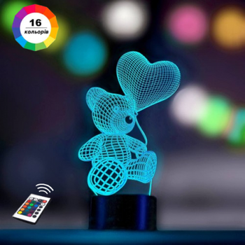 3D ночник подарочная ночная LED лампа светодиодный светильник Мишка с шариком с пультом ДУ 16 цветов адаптером на usb батарейках из акрила для дома спальни детской оригинальный романтический подарок девушке жене 3DTOYSLAMP