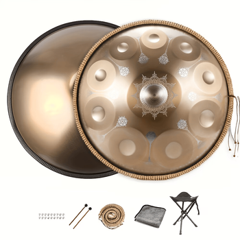 Золотой хэндпан (handpan) D Minor 10 нот 55 см с мандалами