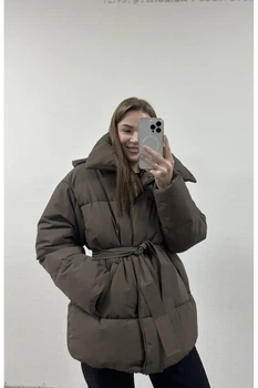 Пуховик з поясом на замку OW002 2504121042709 L/XL Світло-шоколадний