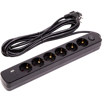 Мережевий фільтр PowerPlant 5м, 3x0.75мм2, 6 розеток, 1xUSB, 2xType-C, євро, 100% мідь (YS-N6086/5c)