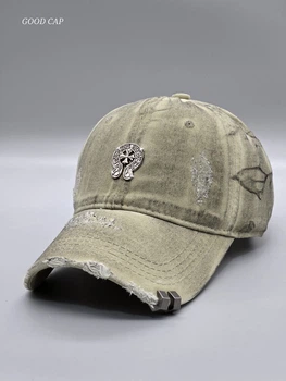 Кепка бейсболка Chrome hearts рваная потертая с кольцами мужская женская Олива