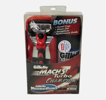 Подарочный набор для бритья Gillette Mach3 Turbo Champion с гелем и дорожным футляром
