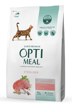 Сухой корм OptiMeal Adult Cat Sterilised Beef & Sorghum для стерилизованных кошек и кастрированных котов с высоким содержанием говядины и сорго 4 кг