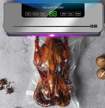 Вакуумный упаковщик для продуктов с LED-дисплеем и встроенным резаком для сухих/влажных пищевых продуктов 120 Вт FKJ-5100 кухонный+10 пакетов. Серебристый .