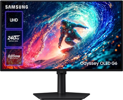 Монітор 27" Samsung Odyssey OLED G6 (LS27HG610SIXUA) -- Quantum Dot OLED QHD (2K) / 240Hz / 0.3 ms / 99% DCI-P3 / G-Sync /  FreeSync Premium / HDR10+ Gaming / PIVOT