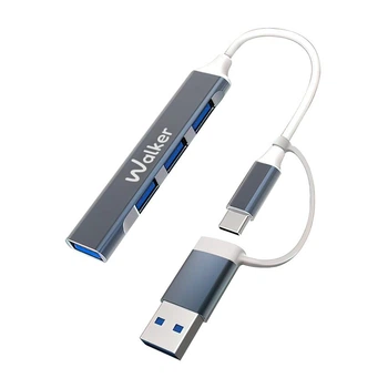 Переходник USB HUB 4в1 Walker WHUB-11 USB+Type-C to USB 3.0 (4 USB порта) серый
