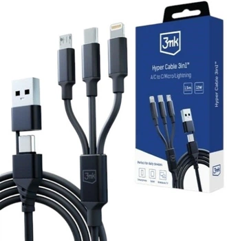 Kabel 3MK Hyper 3 w 1 Type-C USB-A to Type-C micro-USB Lightning 1.5 m Black (5903108541244)