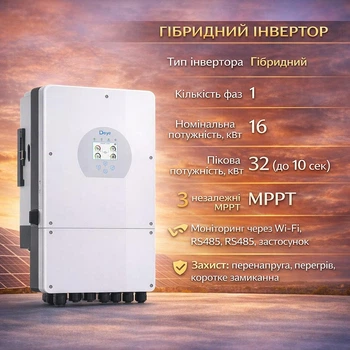 Гібридний інвертор Deye SUN-16K-SG01LP1-EU 16 кВт для сонячних систем з 3 MPPT контролерами