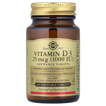 Вітамін D3, SOLGAR "Vitamin D3 (Cholecalciferol)" 1000 МО, смак полуниці з бананом (100 жувальних таблеток)
