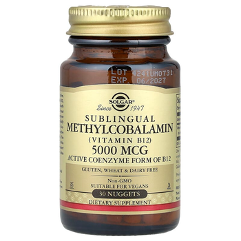 Вітамін В12, SOLGAR "Sublingual Methylcobalamin (Vitamin B12)" метилкобаламін, 5000 мкг (30 жувальних таблеток)