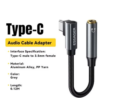 Аудіо перехідник з роз'ємом Type-C на 3,5 мм AUX, працює з Apple, Xiaomi, Samsung, iPhone 15 та 16 та 17 адаптер для навушників, вбудований ЦАП essager