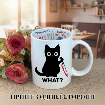 Кружка Чашка Кіт з ножем / Кружка з котом мемом Кіт з ножем "WHAT?" чашка з котом Мемний принт на чашці принт чашка на день народження з принтом керамічна чашка з написом всередині «Happy Birthday" 330 мл Uk_HB_171