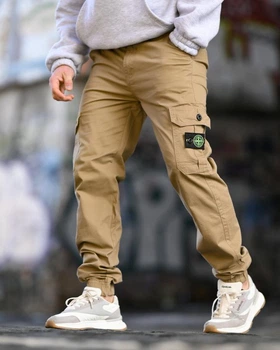 Штани джогери чоловічі Stone Island бежевий ВТ5351, стрейч котон, карго кишені, манжети резинка 34
